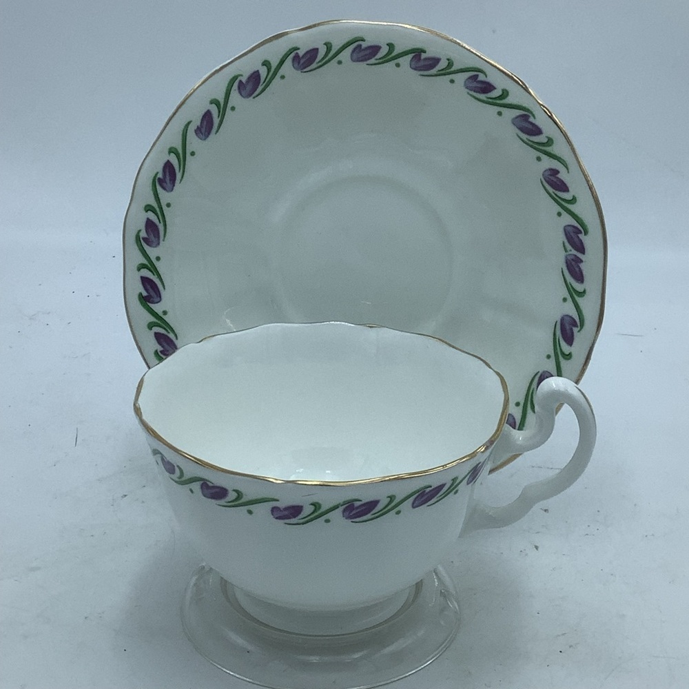 Vintage Mayfair England Bone China Teacup and Saucer with Purple Flowers